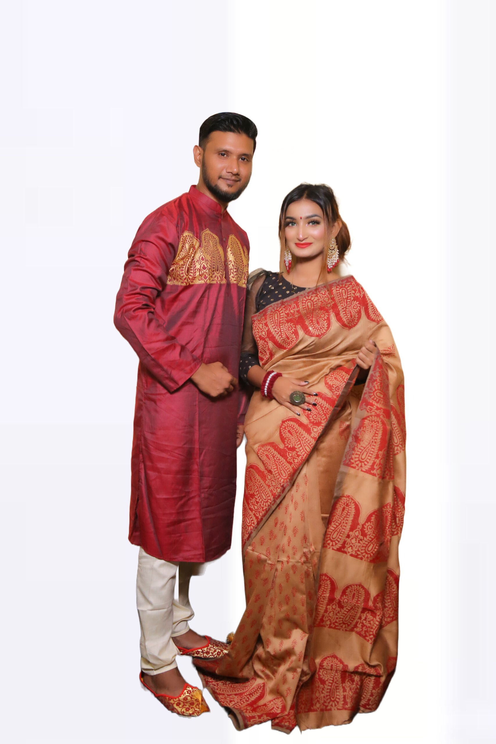 Buy Block Print Design Silk Saree & Punjabi Couple Set - Ofuronto.com